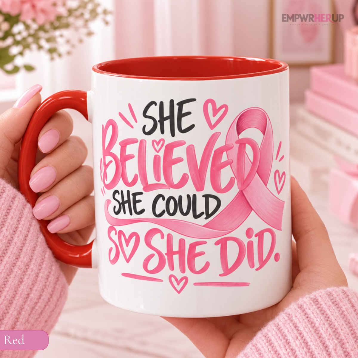 She Believed She Could So She Did Mug, Breast Cancer Survivor Coffee Mug, Pink Ribbon Cup, Inspirational Gift for Women Printify