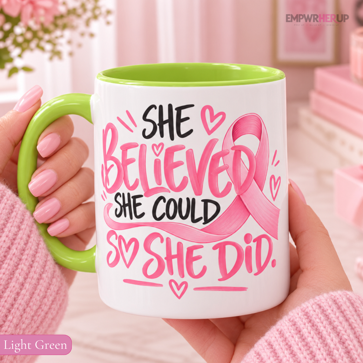 She Believed She Could So She Did Mug, Breast Cancer Survivor Coffee Mug, Pink Ribbon Cup, Inspirational Gift for Women Printify