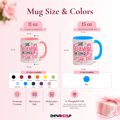 She Believed She Could So She Did Mug, Breast Cancer Survivor Coffee Mug, Pink Ribbon Cup, Inspirational Gift for Women Printify