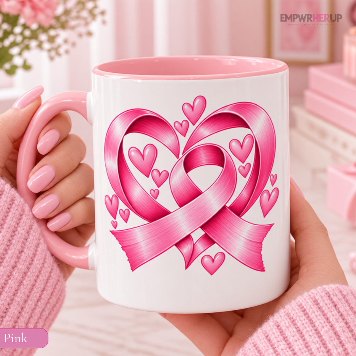 Pink Ribbon Heart Mug, Breast Cancer Gift for Women, Pink Coffee Mug, Chemo Day Gift, Get Well Soon Present, Survivor Mug 11oz 15oz Printify