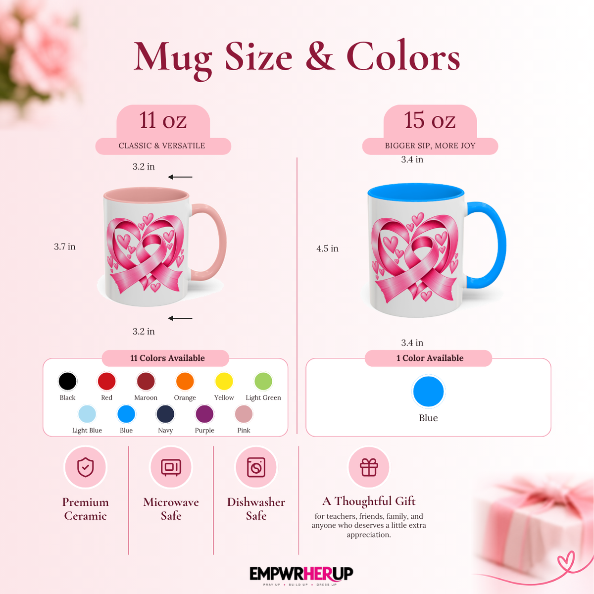 Pink Ribbon Heart Mug, Breast Cancer Gift for Women, Pink Coffee Mug, Chemo Day Gift, Get Well Soon Present, Survivor Mug 11oz 15oz Printify