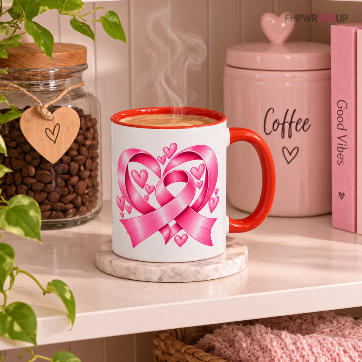 Pink Ribbon Heart Mug, Breast Cancer Gift for Women, Pink Coffee Mug, Chemo Day Gift, Get Well Soon Present, Survivor Mug 11oz 15oz Printify