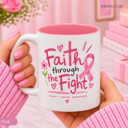 Breast Cancer Awareness Mug, Faith Through the Fight Christian Coffee Mug, Pink Ribbon Cross Mug, Cancer Survivor Gift, Chemo Gift Printify