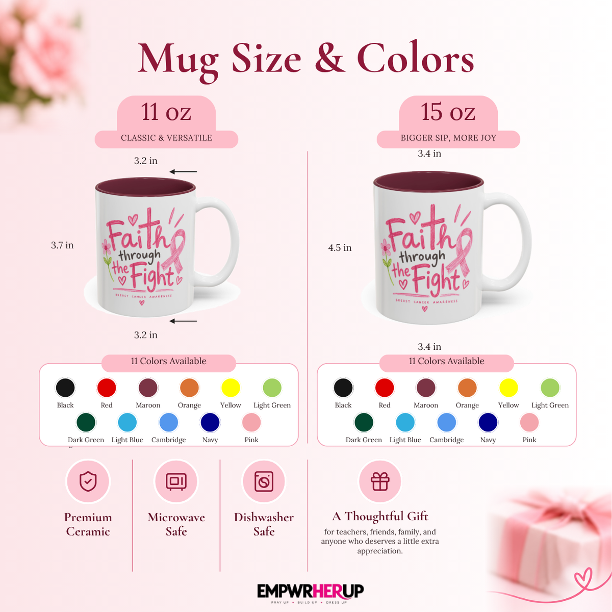 Breast Cancer Awareness Mug, Faith Through the Fight Christian Coffee Mug, Pink Ribbon Cross Mug, Cancer Survivor Gift, Chemo Gift Printify