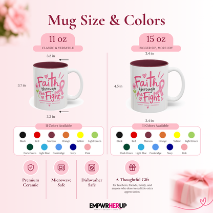 Breast Cancer Awareness Mug, Faith Through the Fight Christian Coffee Mug, Pink Ribbon Cross Mug, Cancer Survivor Gift, Chemo Gift Printify