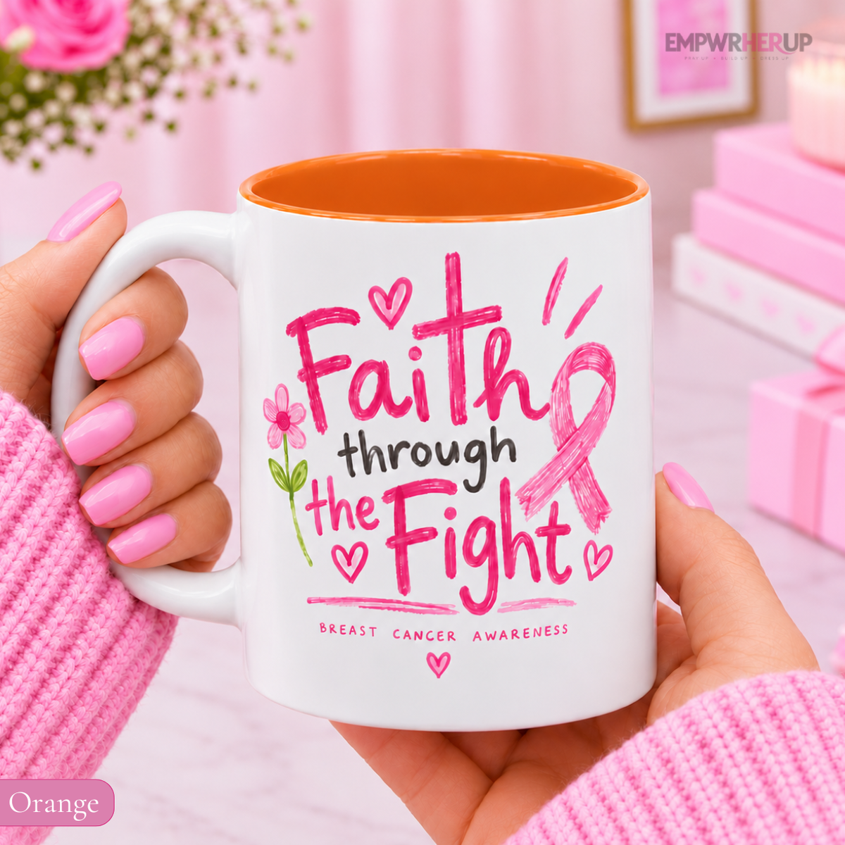 Breast Cancer Awareness Mug, Faith Through the Fight Christian Coffee Mug, Pink Ribbon Cross Mug, Cancer Survivor Gift, Chemo Gift Printify