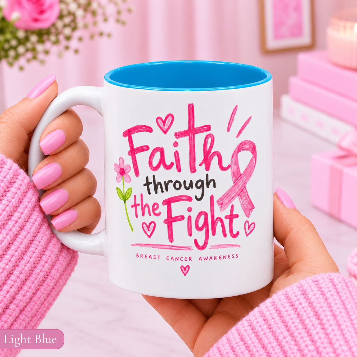 Breast Cancer Awareness Mug, Faith Through the Fight Christian Coffee Mug, Pink Ribbon Cross Mug, Cancer Survivor Gift, Chemo Gift Printify