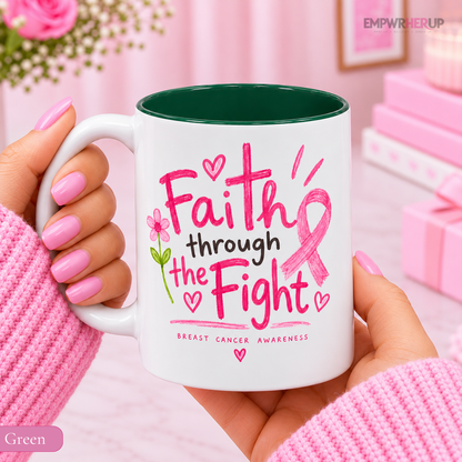 Breast Cancer Awareness Mug, Faith Through the Fight Christian Coffee Mug, Pink Ribbon Cross Mug, Cancer Survivor Gift, Chemo Gift Printify