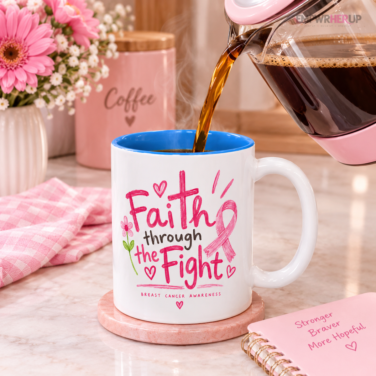 Breast Cancer Awareness Mug, Faith Through the Fight Christian Coffee Mug, Pink Ribbon Cross Mug, Cancer Survivor Gift, Chemo Gift Printify