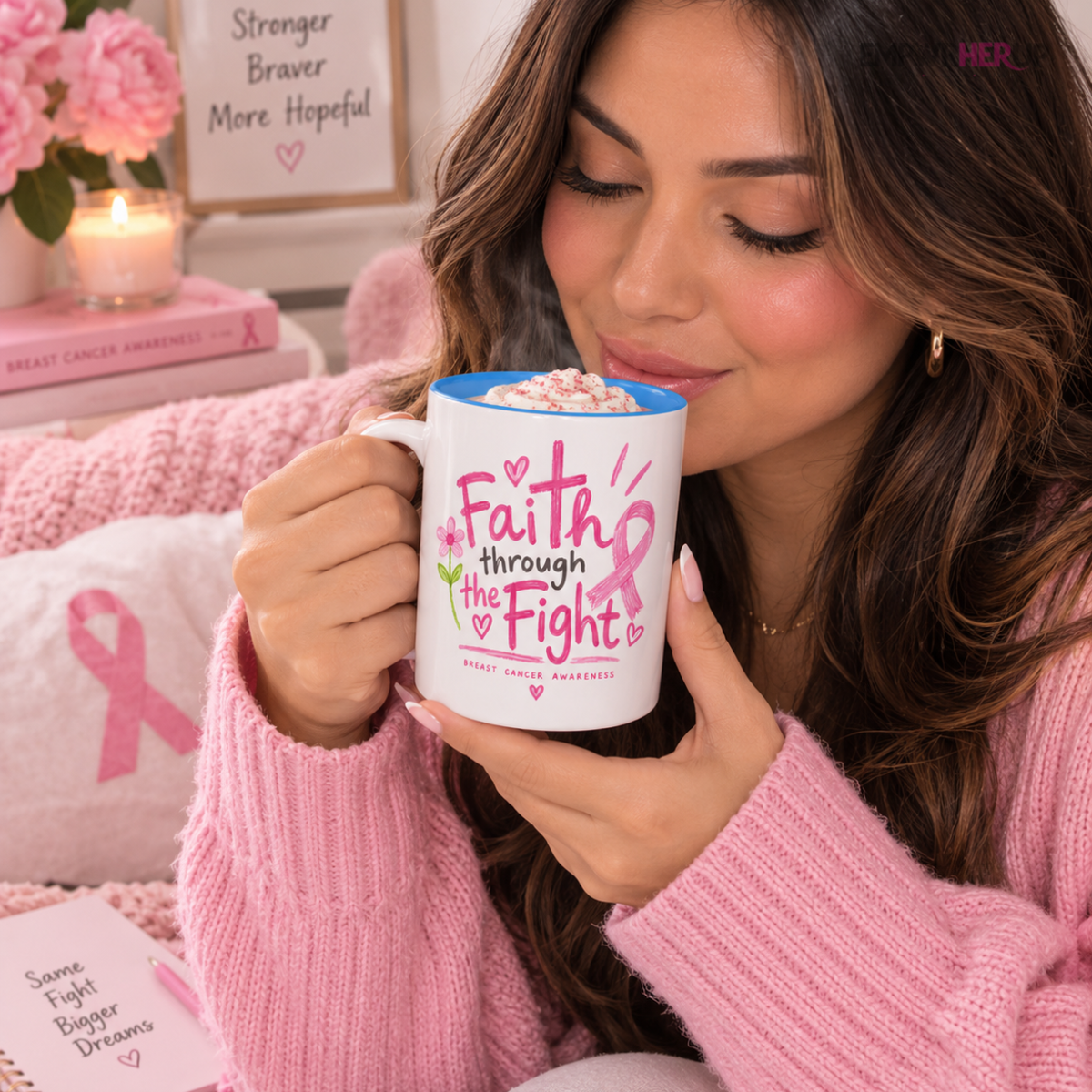 Breast Cancer Awareness Mug, Faith Through the Fight Christian Coffee Mug, Pink Ribbon Cross Mug, Cancer Survivor Gift, Chemo Gift Printify