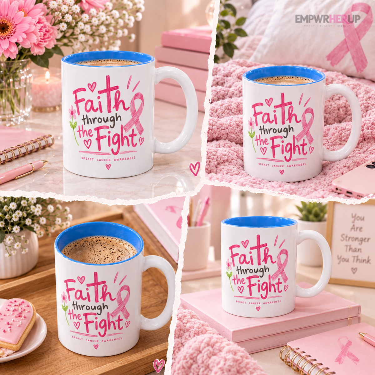Breast Cancer Awareness Mug, Faith Through the Fight Christian Coffee Mug, Pink Ribbon Cross Mug, Cancer Survivor Gift, Chemo Gift Printify