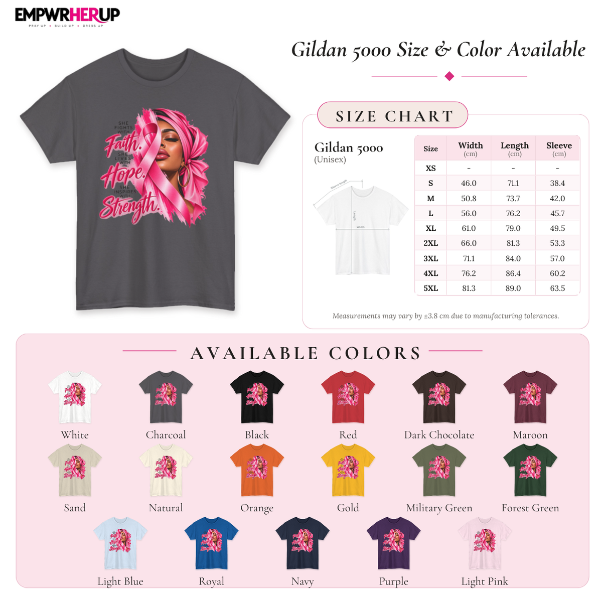 Faith Hope Strength Shirt, Breast Cancer Awareness T-Shirt, Pink Ribbon Warrior Tee, Cancer Fighter Gift, Plus Size Survivor Shirt Printify