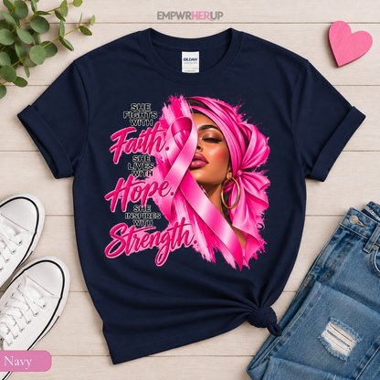 Faith Hope Strength Shirt, Breast Cancer Awareness T-Shirt, Pink Ribbon Warrior Tee, Cancer Fighter Gift, Plus Size Survivor Shirt Printify