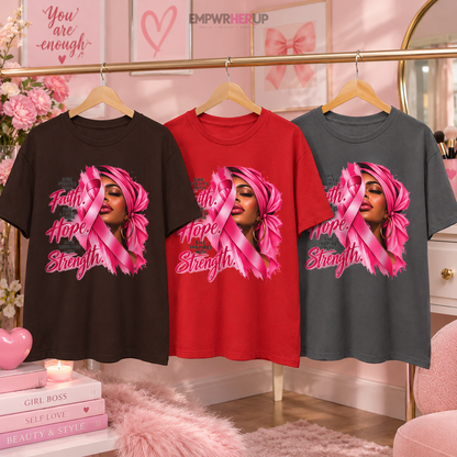 Faith Hope Strength Shirt, Breast Cancer Awareness T-Shirt, Pink Ribbon Warrior Tee, Cancer Fighter Gift, Plus Size Survivor Shirt Printify