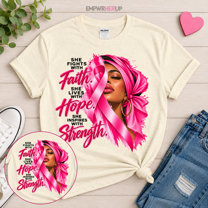Faith Hope Strength Shirt, Breast Cancer Awareness T-Shirt, Pink Ribbon Warrior Tee, Cancer Fighter Gift, Plus Size Survivor Shirt Printify
