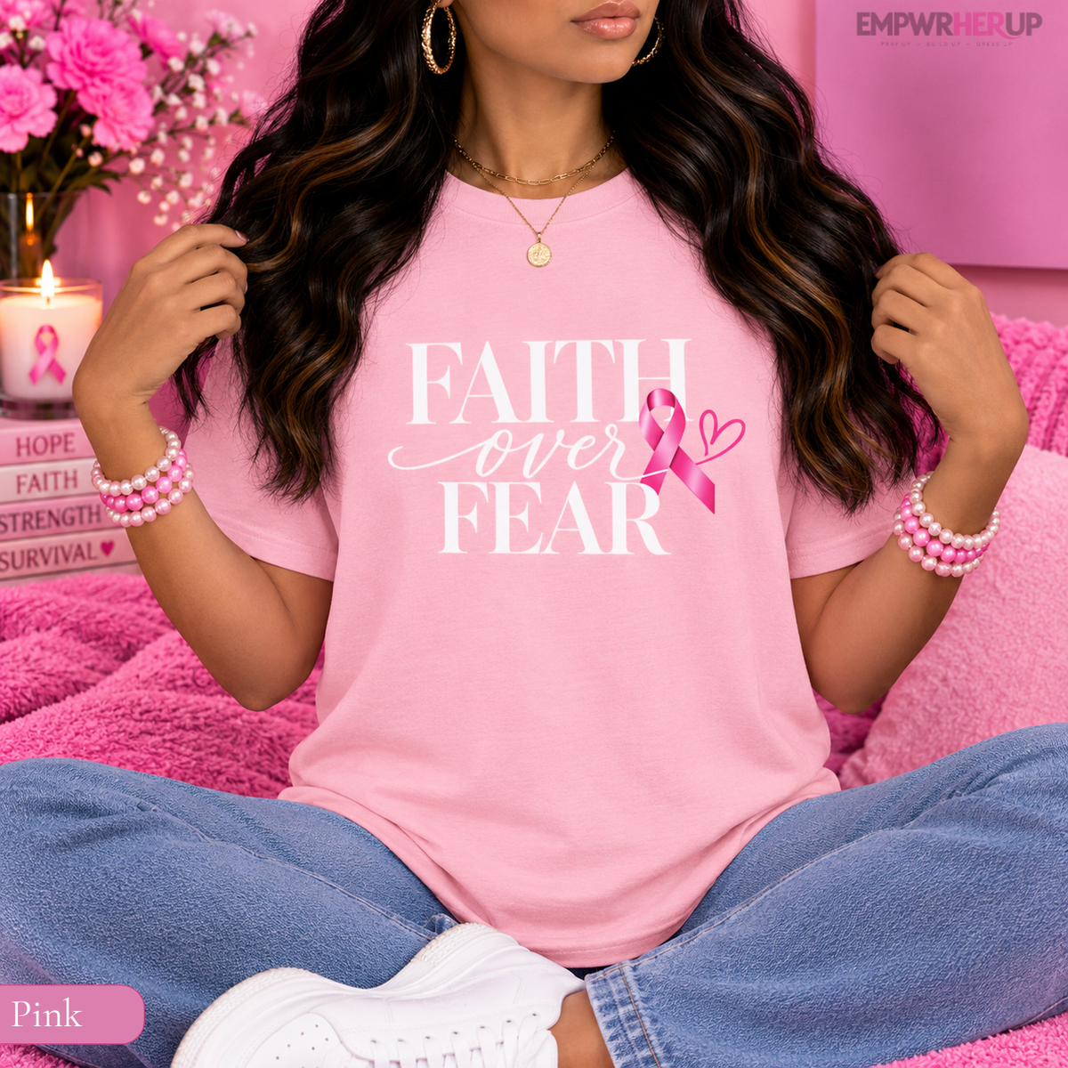 Faith Over Fear Shirt, Breast Cancer Awareness Tee, Christian Pink Ribbon T-Shirt, Cancer Survivor Gift, Faith Based Shirt for Women Printify