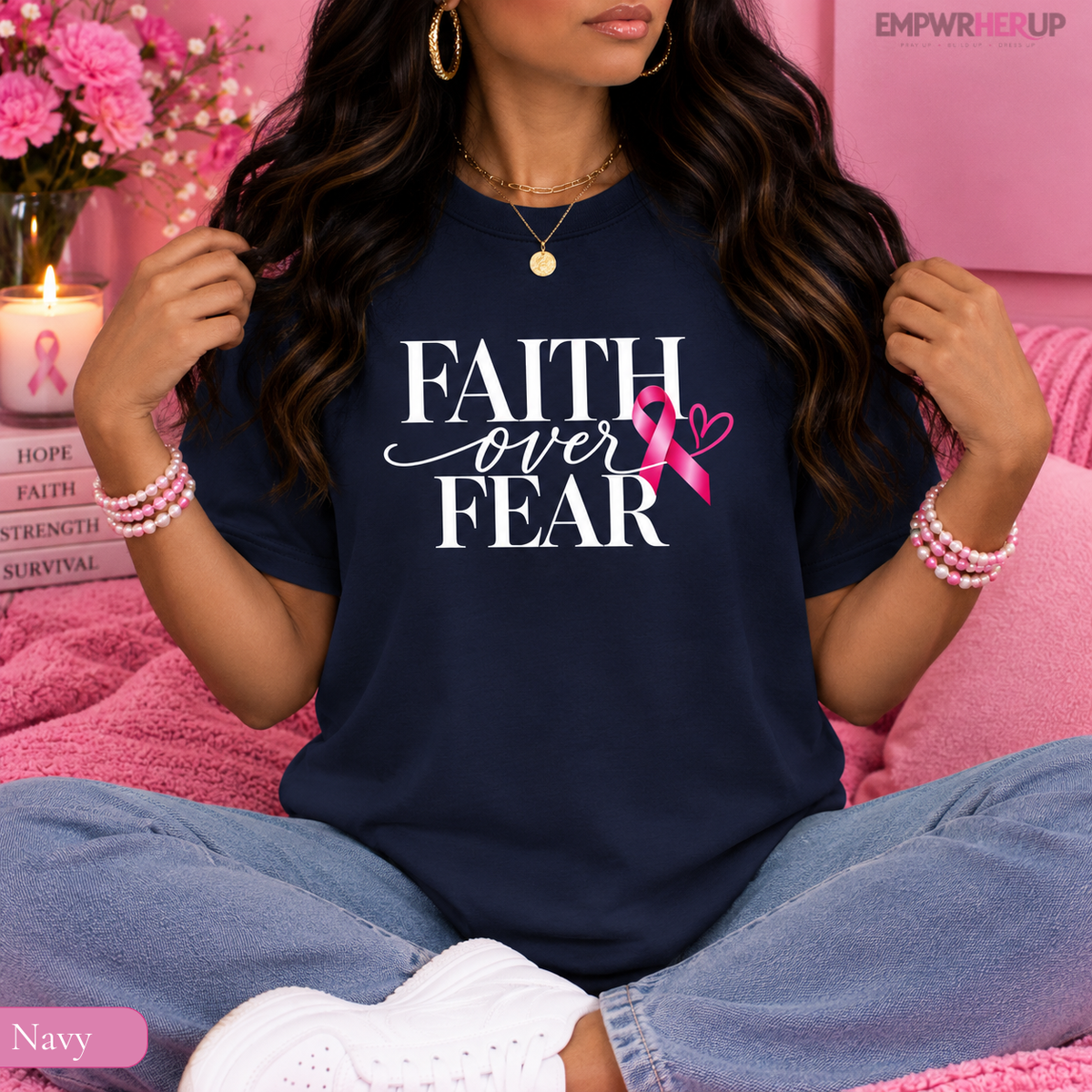 Faith Over Fear Shirt, Breast Cancer Awareness Tee, Christian Pink Ribbon T-Shirt, Cancer Survivor Gift, Faith Based Shirt for Women Printify