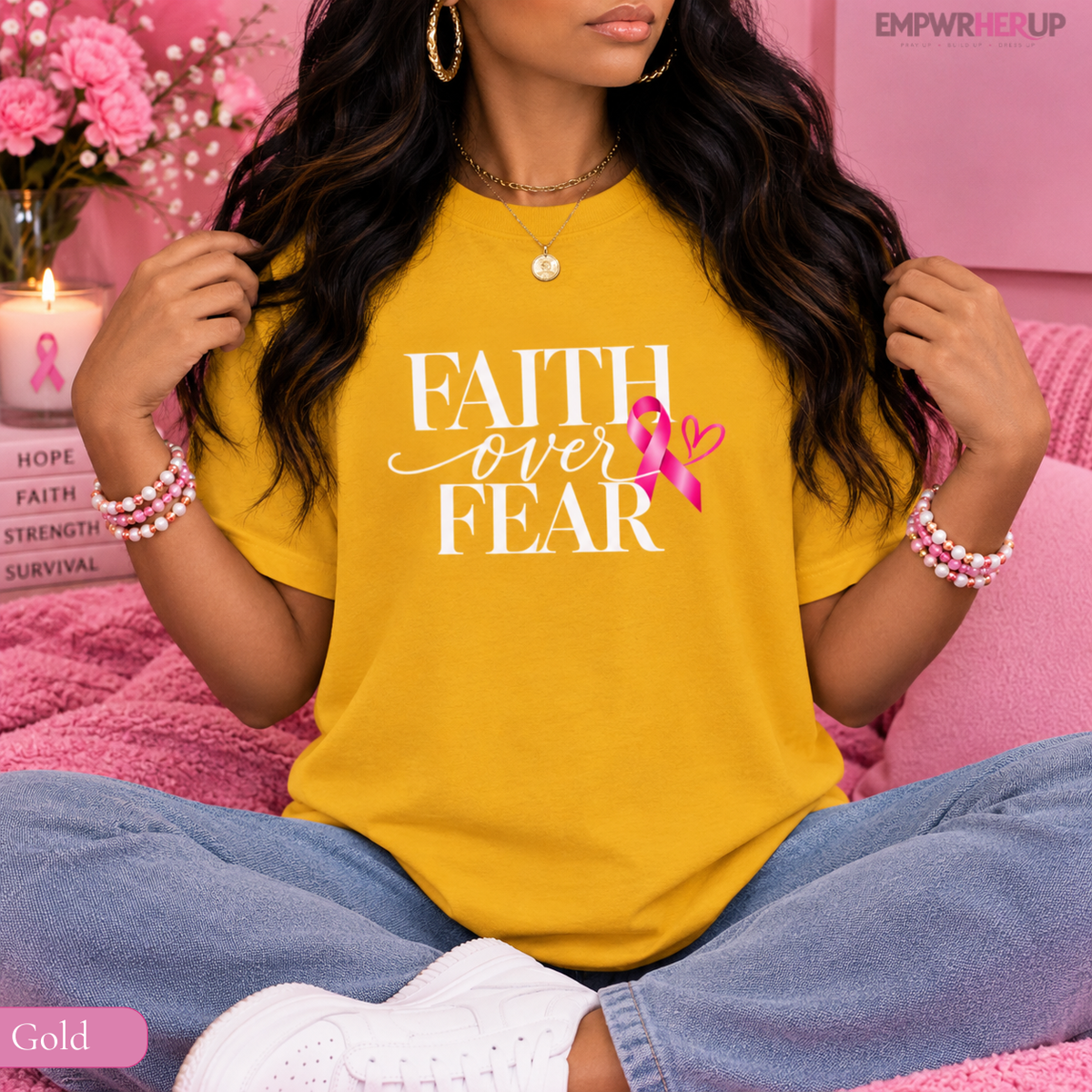 Faith Over Fear Shirt, Breast Cancer Awareness Tee, Christian Pink Ribbon T-Shirt, Cancer Survivor Gift, Faith Based Shirt for Women Printify
