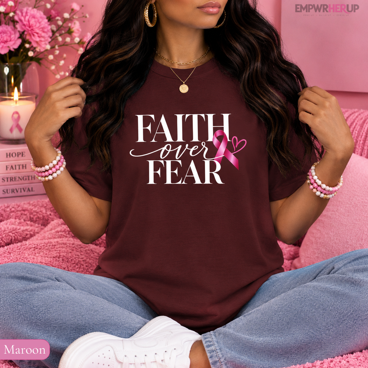 Faith Over Fear Shirt, Breast Cancer Awareness Tee, Christian Pink Ribbon T-Shirt, Cancer Survivor Gift, Faith Based Shirt for Women Printify