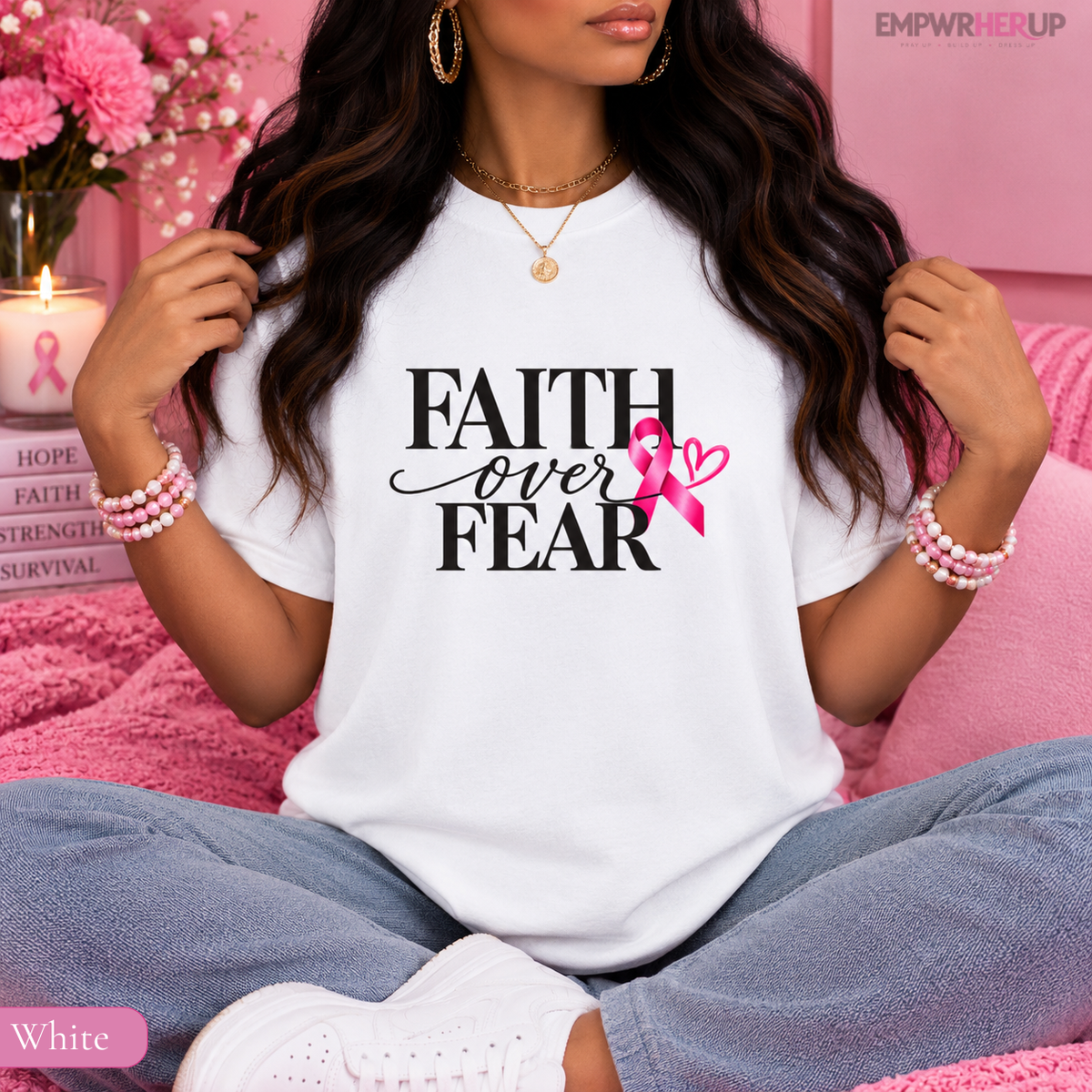 Faith Over Fear Shirt, Breast Cancer Awareness Tee, Christian Pink Ribbon T-Shirt, Cancer Survivor Gift, Faith Based Shirt for Women Printify