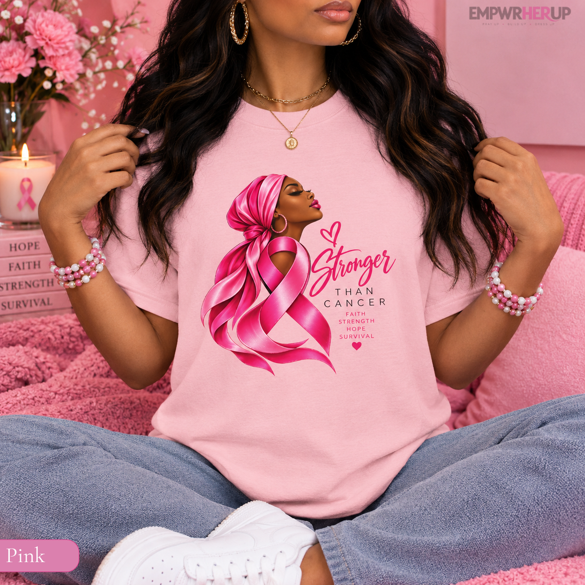 Stronger Than Cancer Shirt, Breast Cancer Awareness T-Shirt, Pink Ribbon Tee, Cancer Survivor Gift, Faith Hope Warrior Shirt for Women Printify