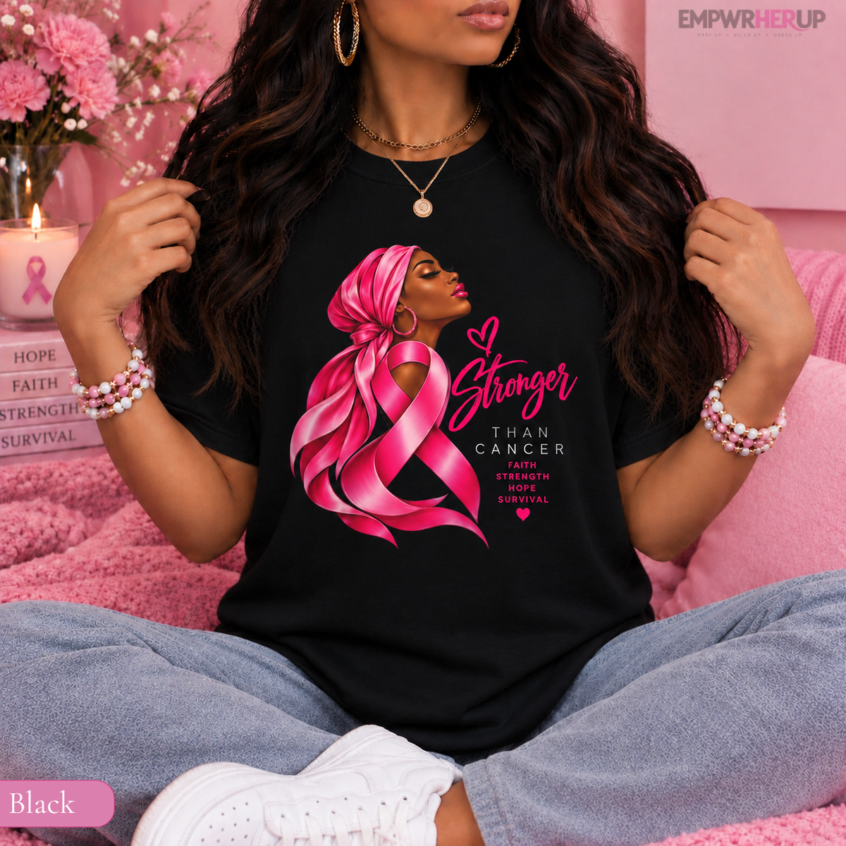 Stronger Than Cancer Shirt, Breast Cancer Awareness T-Shirt, Pink Ribbon Tee, Cancer Survivor Gift, Faith Hope Warrior Shirt for Women Printify