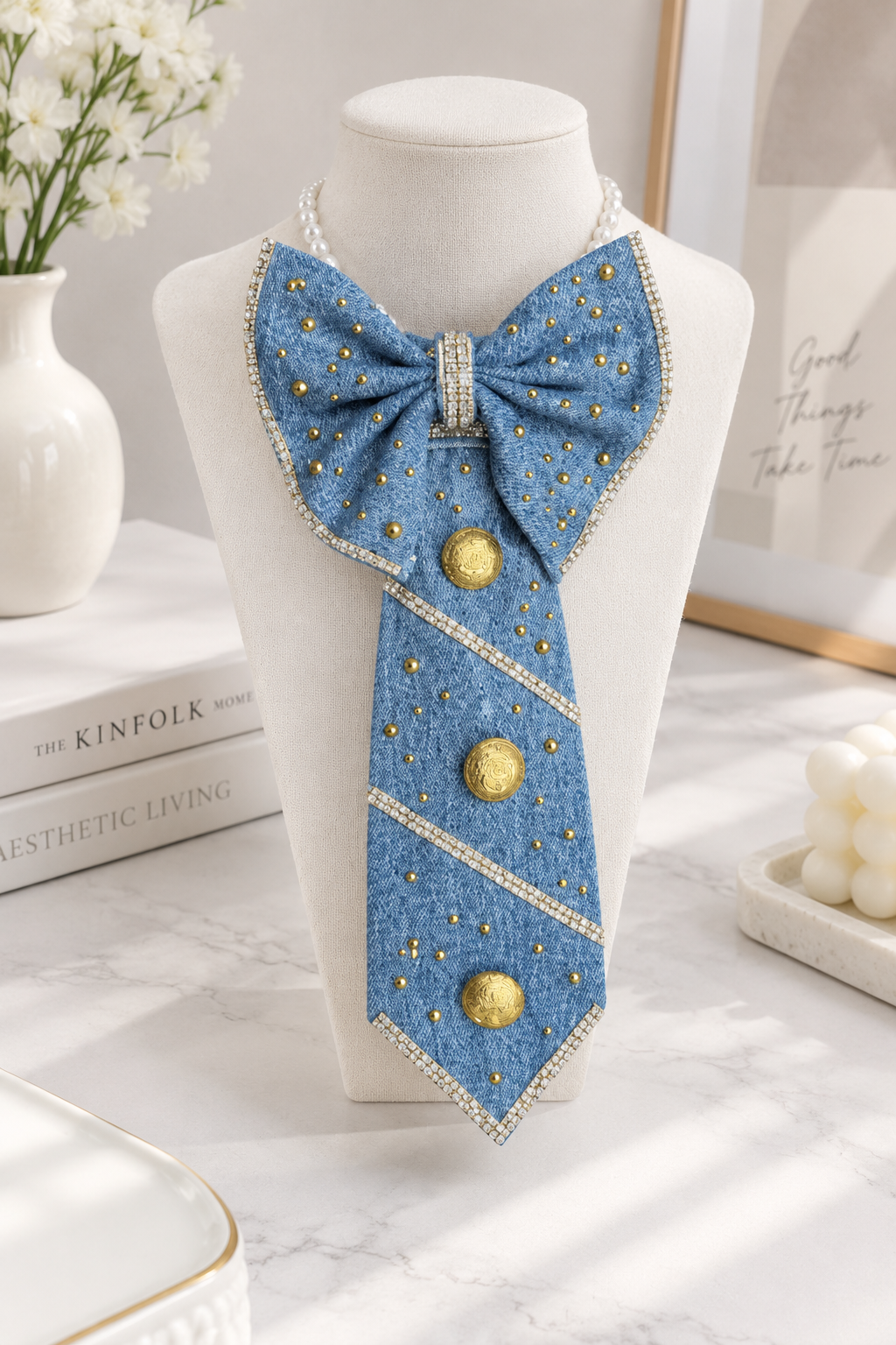 Denim Bow Junk Tie Necklace with Gold Buttons & Rhinestones (Preorder) T Styles Online