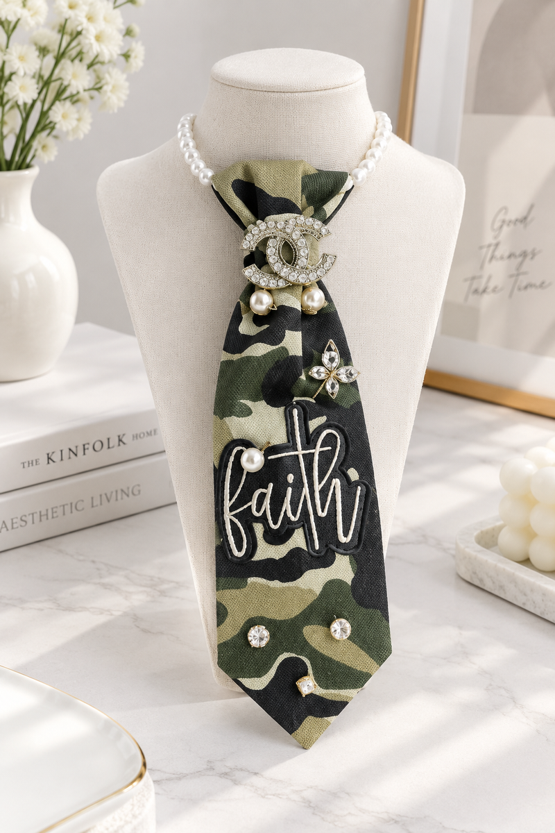 Camo Faith Junk Tie Necklace with Pearl Brooch & Rhinestones (Preorder)