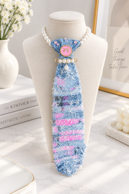 Breast Cancer Awareness Junk Tie Necklace – Pink Survivor Ribbon & Rhinestones (Preorder) T Styles Online