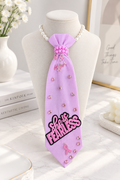 "She Is Fearless" Breast Cancer Awareness Junk Tie Necklace with Pink Ribbon Charms (Preorder) T Styles Online