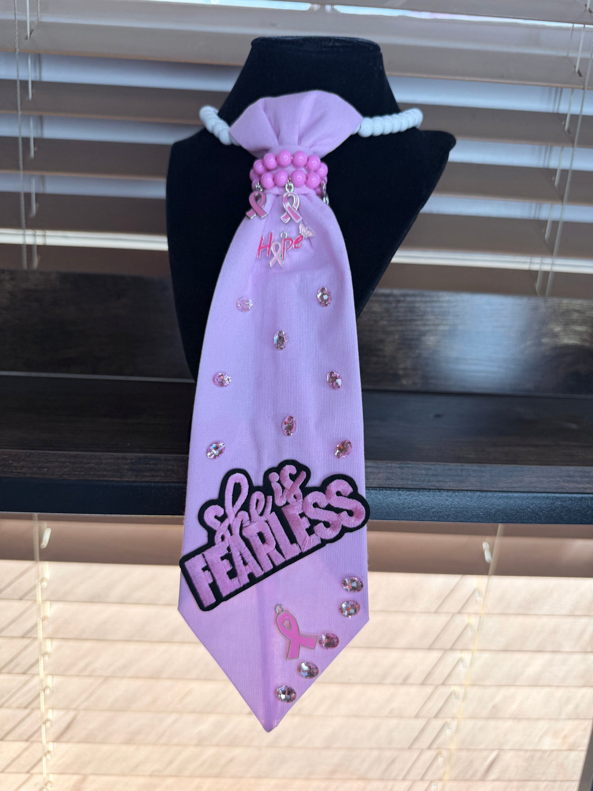 "She Is Fearless" Breast Cancer Awareness Junk Tie Necklace with Pink Ribbon Charms (Preorder) T Styles Online