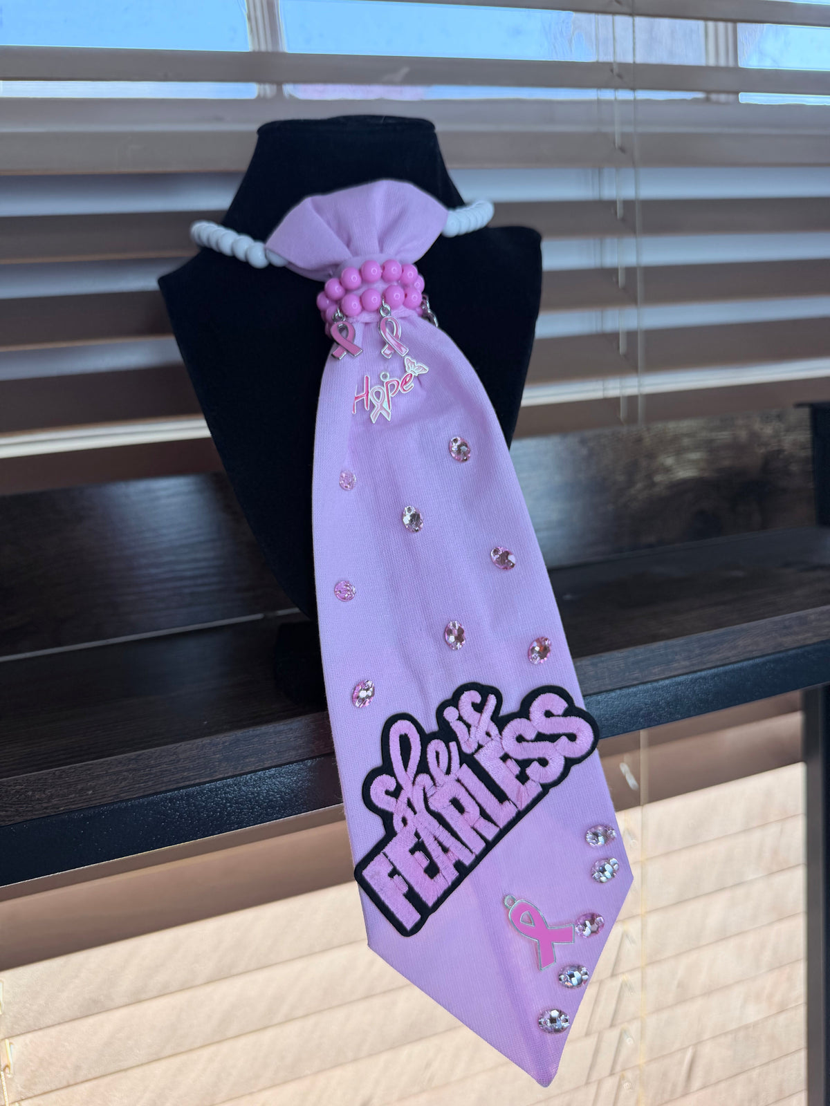 "She Is Fearless" Breast Cancer Awareness Junk Tie Necklace with Pink Ribbon Charms (Preorder) T Styles Online