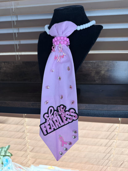 "She Is Fearless" Breast Cancer Awareness Junk Tie Necklace with Pink Ribbon Charms (Preorder) T Styles Online