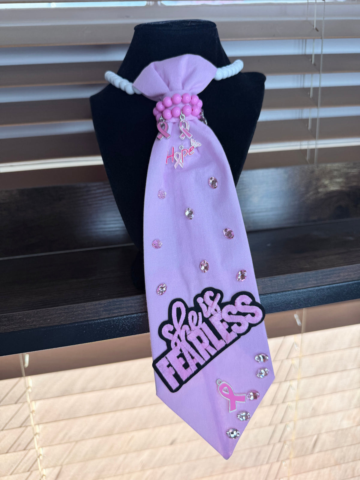 "She Is Fearless" Breast Cancer Awareness Junk Tie Necklace with Pink Ribbon Charms (Preorder) T Styles Online