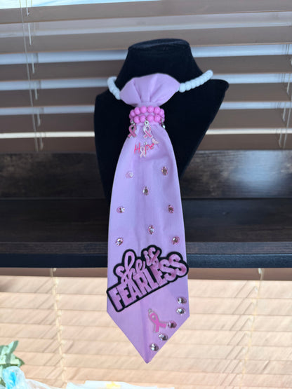 "She Is Fearless" Breast Cancer Awareness Junk Tie Necklace with Pink Ribbon Charms (Preorder) T Styles Online