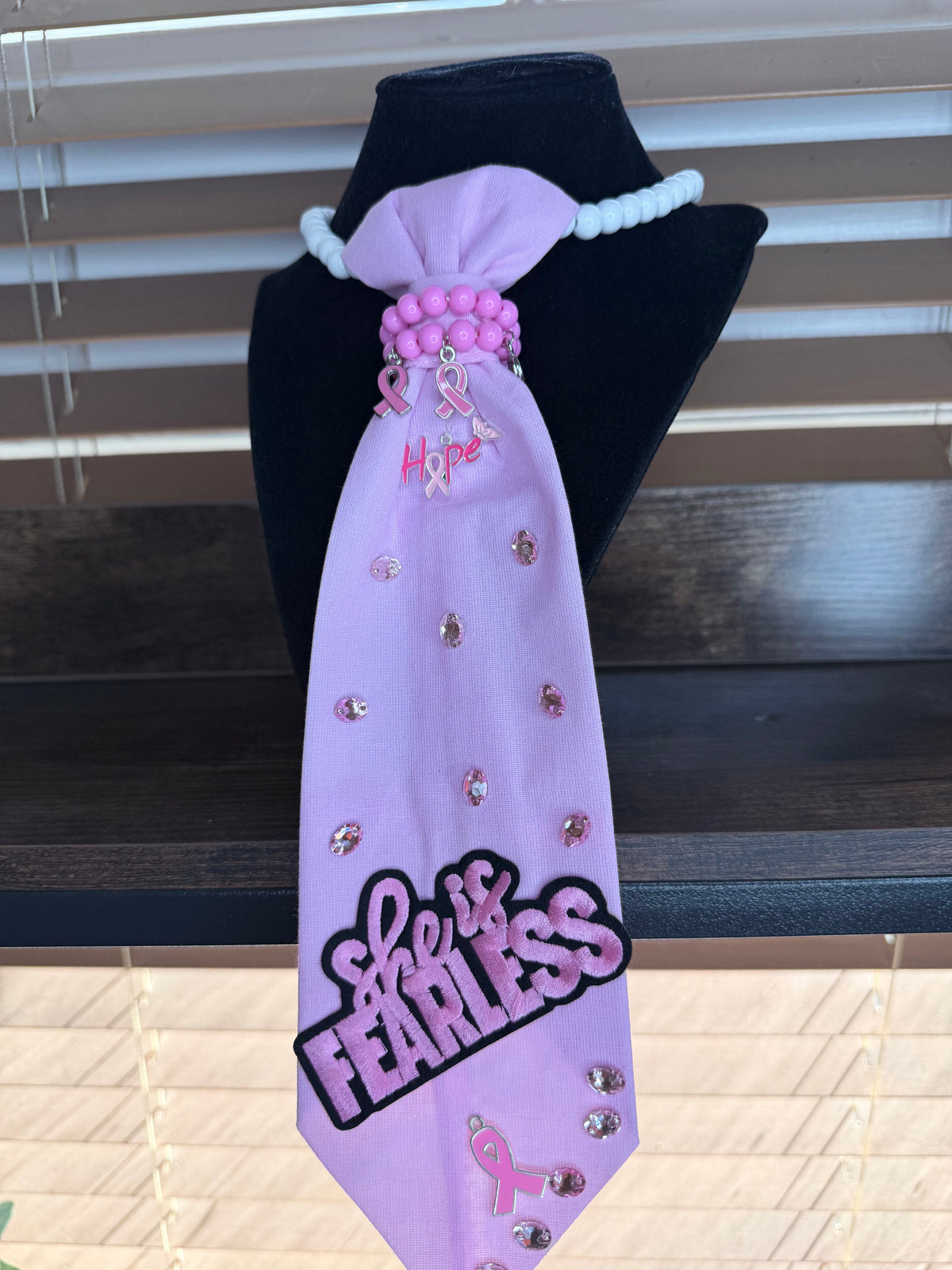 "She Is Fearless" Breast Cancer Awareness Junk Tie Necklace with Pink Ribbon Charms (Preorder) T Styles Online