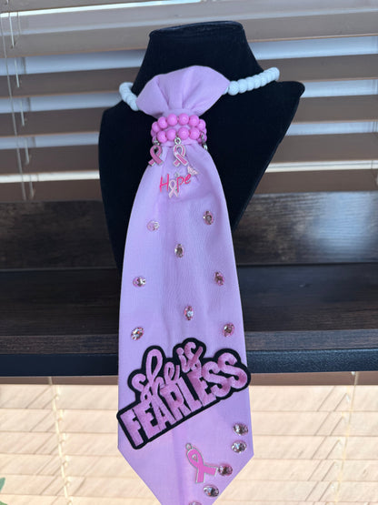 "She Is Fearless" Breast Cancer Awareness Junk Tie Necklace with Pink Ribbon Charms (Preorder) T Styles Online