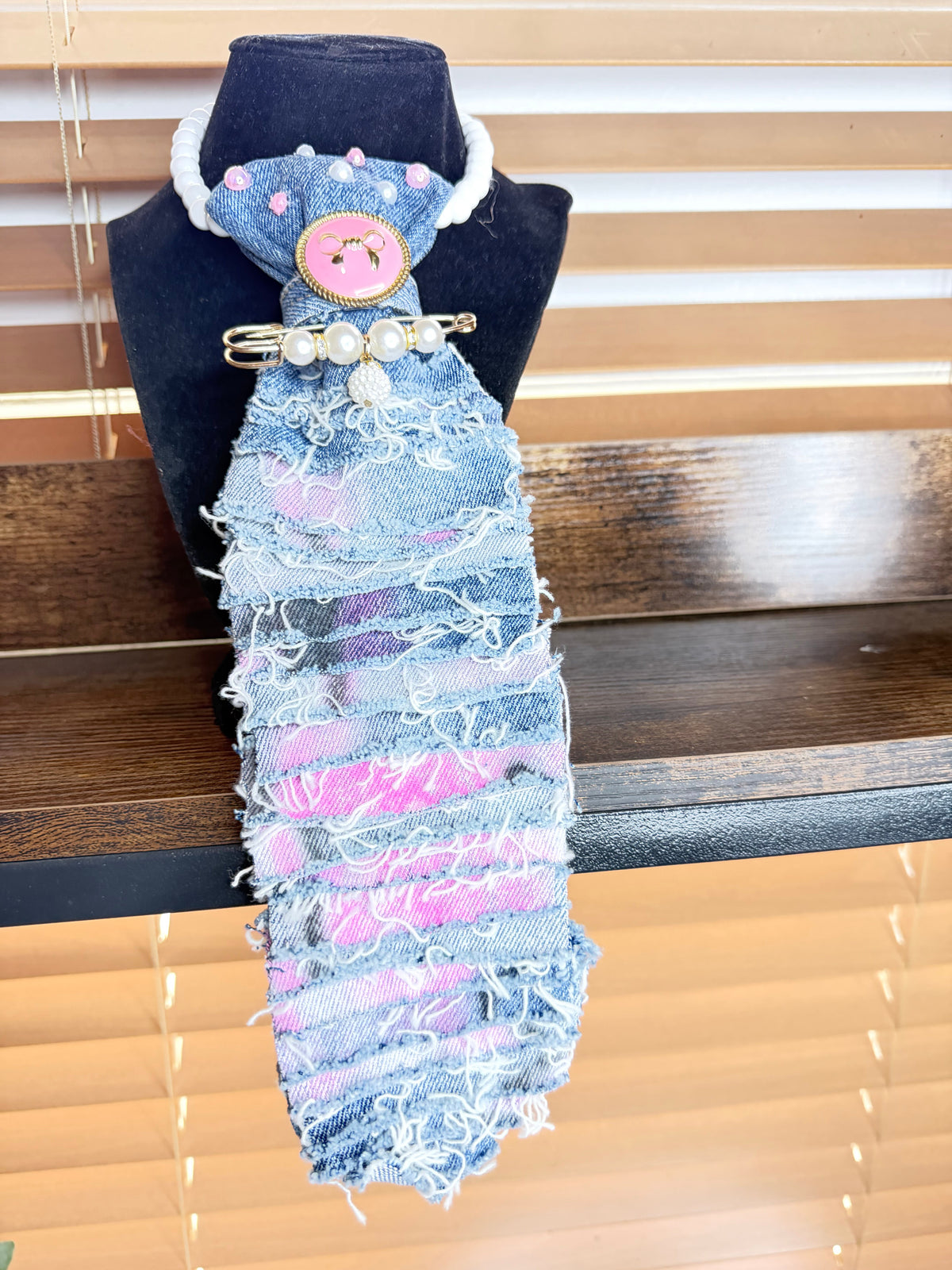 Breast Cancer Awareness Junk Tie Necklace – Pink Survivor Ribbon & Rhinestones (Preorder) T Styles Online
