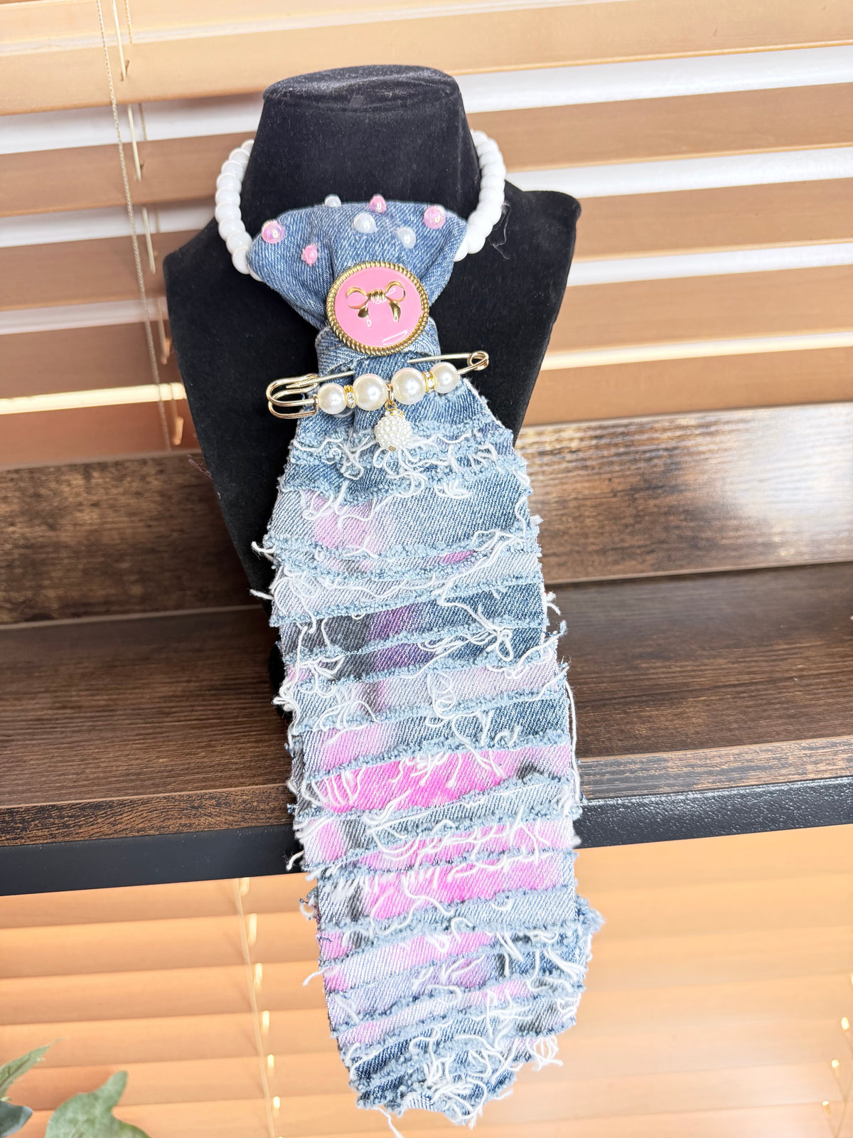 Breast Cancer Awareness Junk Tie Necklace – Pink Survivor Ribbon & Rhinestones (Preorder) T Styles Online