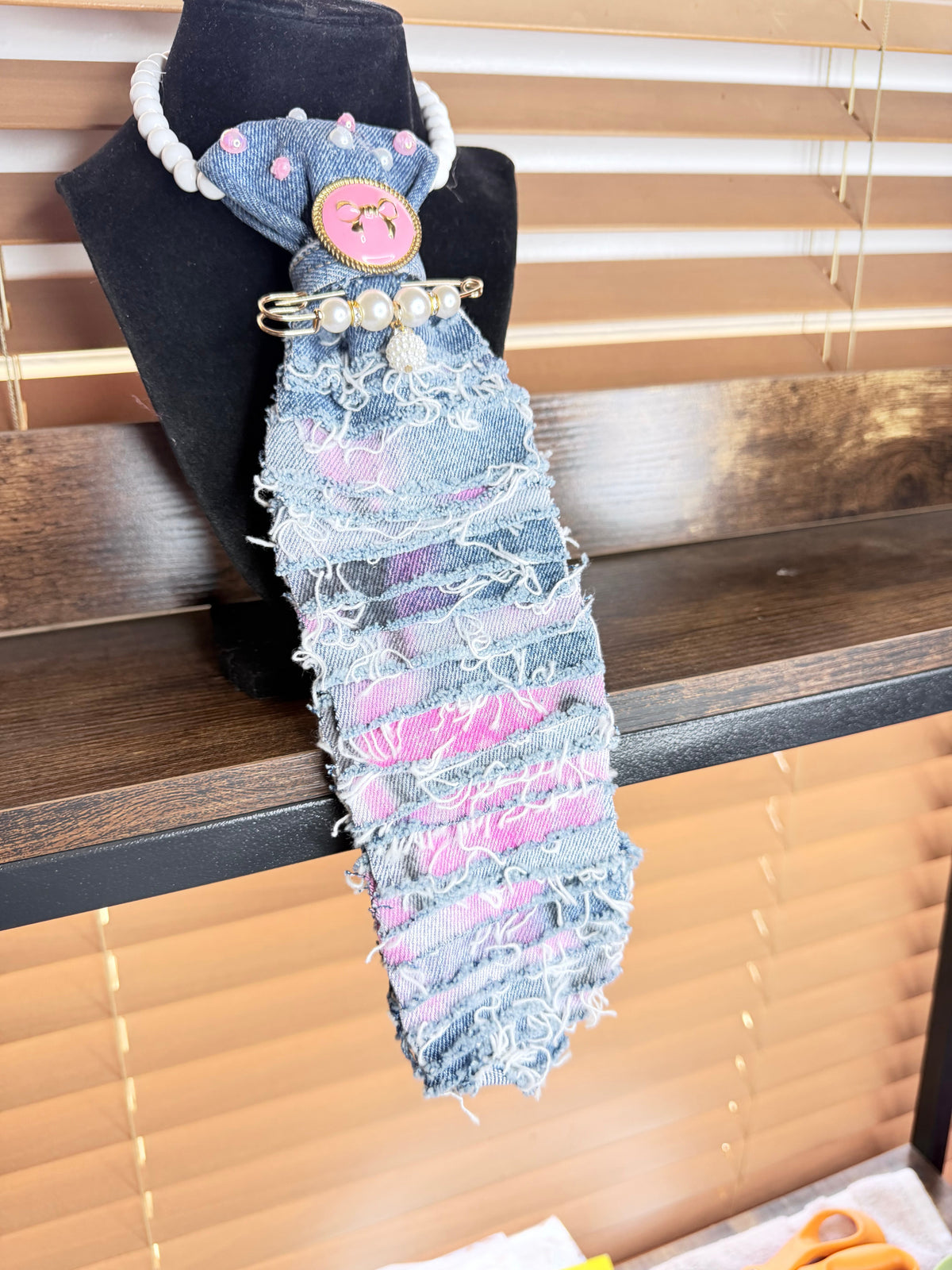Breast Cancer Awareness Junk Tie Necklace – Pink Survivor Ribbon & Rhinestones (Preorder) T Styles Online