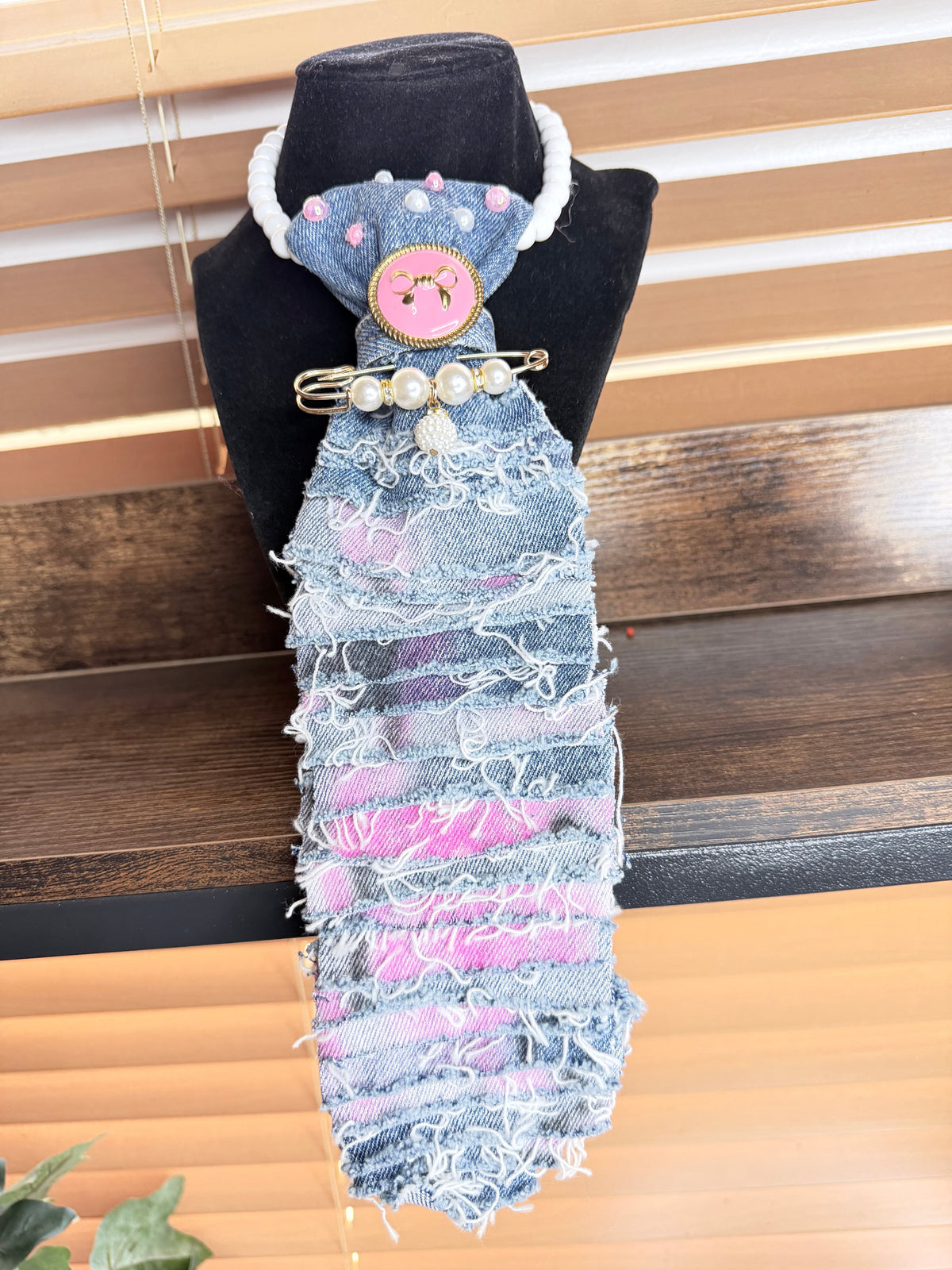 Breast Cancer Awareness Junk Tie Necklace – Pink Survivor Ribbon & Rhinestones (Preorder) T Styles Online