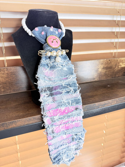 Breast Cancer Awareness Junk Tie Necklace – Pink Survivor Ribbon & Rhinestones (Preorder) T Styles Online