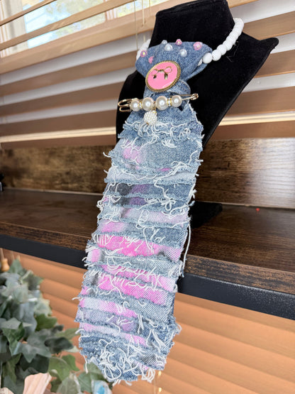 Breast Cancer Awareness Junk Tie Necklace – Pink Survivor Ribbon & Rhinestones (Preorder) T Styles Online