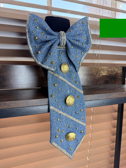 Denim Bow Junk Tie Necklace with Gold Buttons & Rhinestones (Preorder) T Styles Online