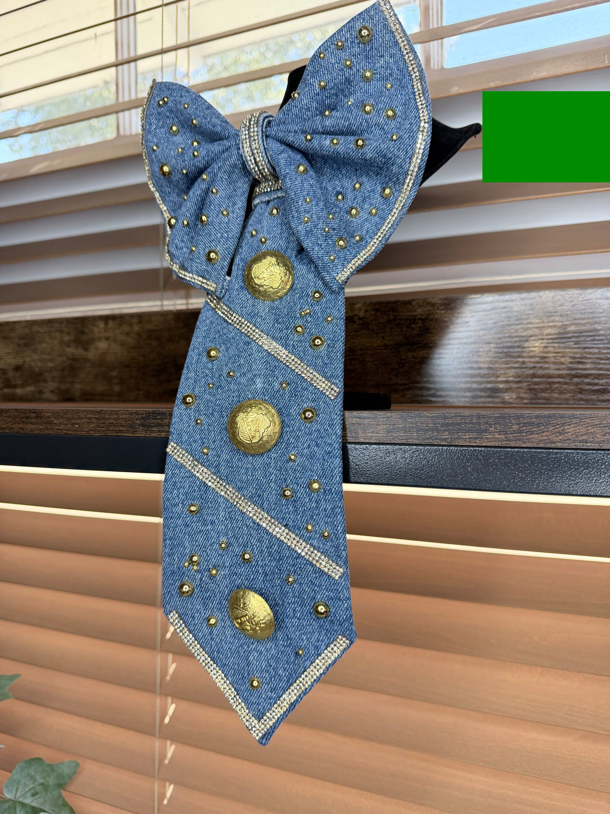 Denim Bow Junk Tie Necklace with Gold Buttons & Rhinestones (Preorder) T Styles Online