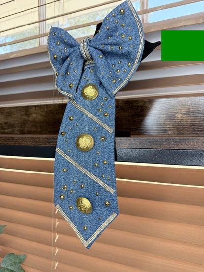 Denim Bow Junk Tie Necklace with Gold Buttons & Rhinestones (Preorder) T Styles Online
