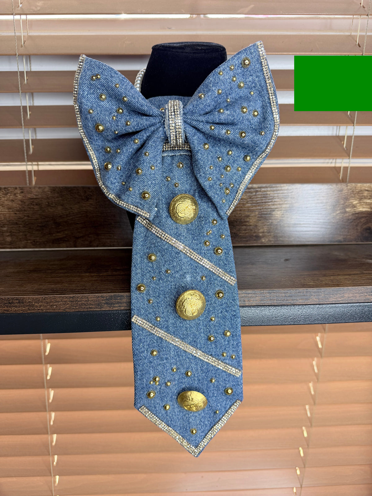 Denim Bow Junk Tie Necklace with Gold Buttons & Rhinestones (Preorder) T Styles Online