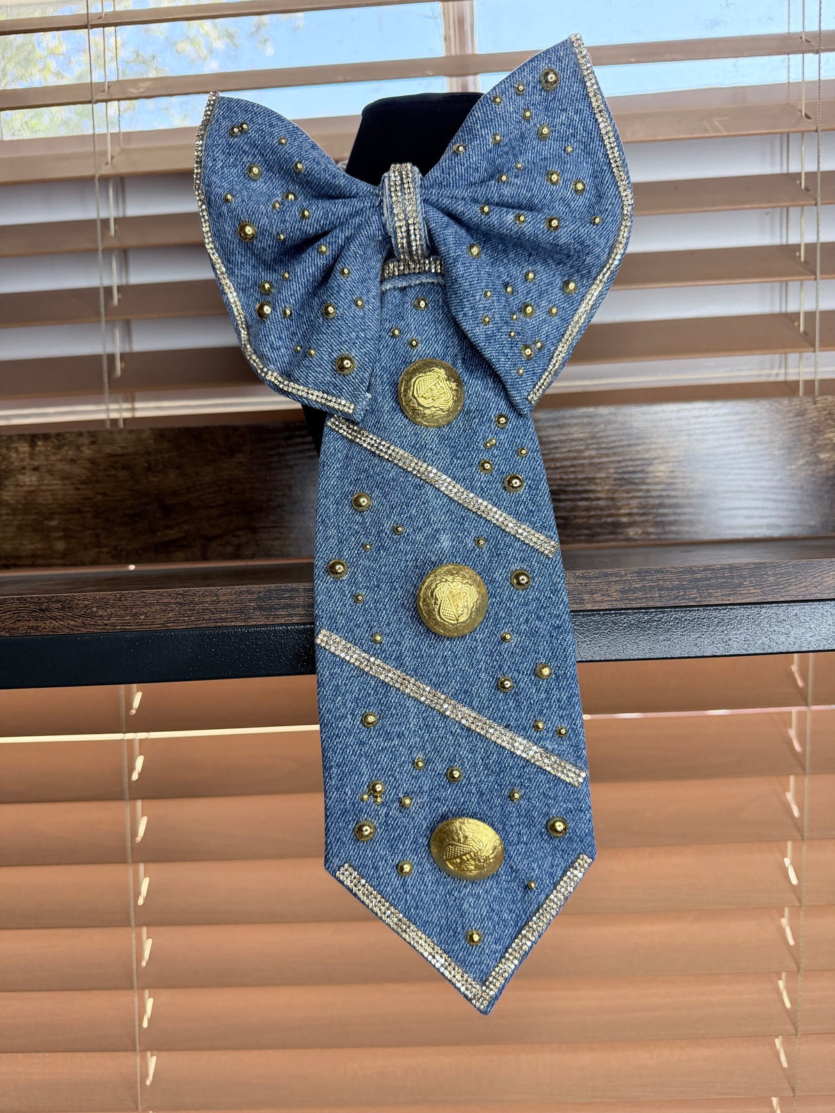 Denim Bow Junk Tie Necklace with Gold Buttons & Rhinestones (Preorder) T Styles Online