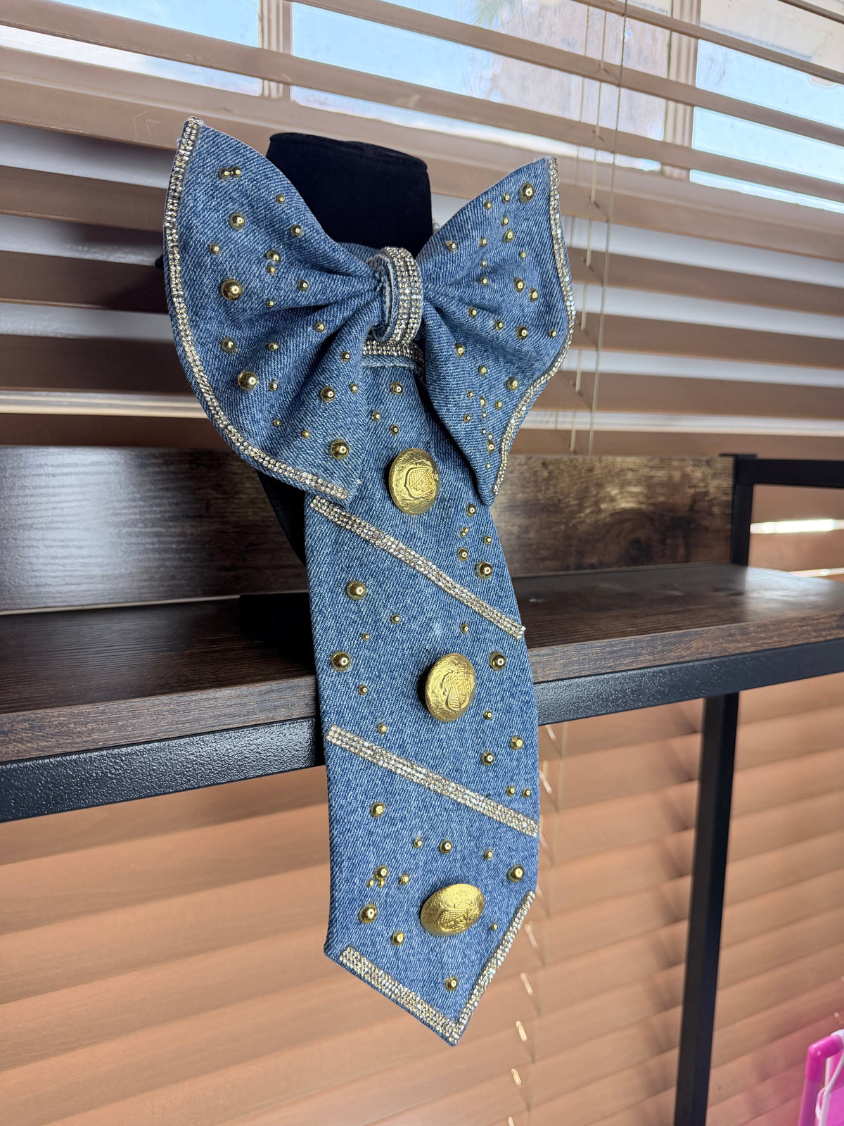 Denim Bow Junk Tie Necklace with Gold Buttons & Rhinestones (Preorder) T Styles Online