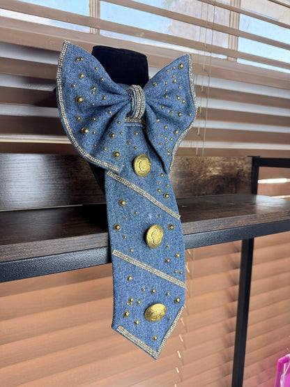 Denim Bow Junk Tie Necklace with Gold Buttons & Rhinestones (Preorder) T Styles Online
